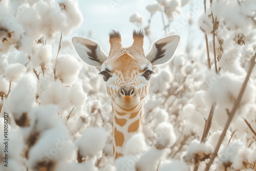 Baby Giraffe Peeks out From Fluffy Cotton Trees in a Soft Colored Landscape During a Calm Afternoon Generative AI