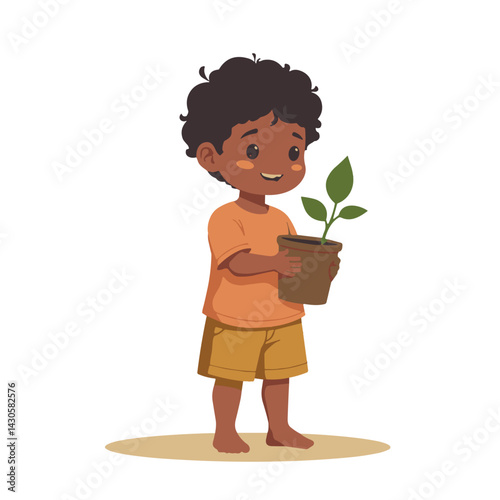 Happy boy holding a plant pot against a simple background  Children's Day