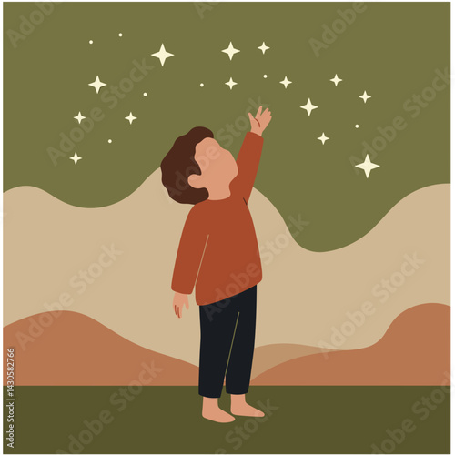 Child reaching for stars in a whimsical landscape  Children's Day