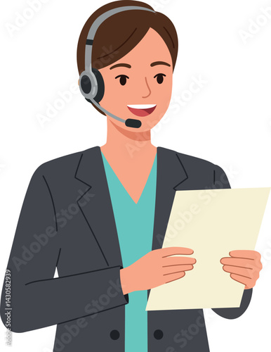 Customer service representative woman with headset reading document vector illustration 