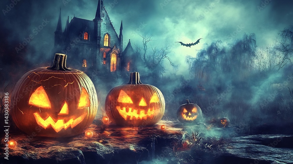 Fototapeta premium Carved Pumpkins Glow Eerily Before a Gothic Mansion in a Spooky Halloween Scene