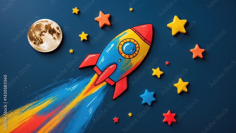 Kids' cosmos exploration featuring rockets, planets, and stars in a flatlay space background Kids' cosmos exploration featuring rockets, planets, and stars in a flatlay space background