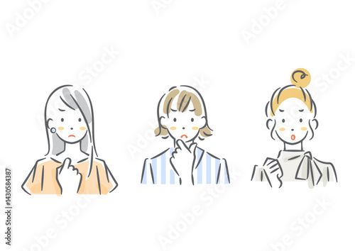 怒っている女性のアバターセット　シンプルでお洒落な水彩風イラスト
