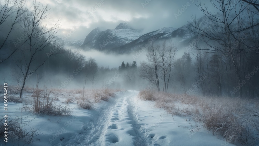 Fototapeta premium Winter landscape along snowy forest trail