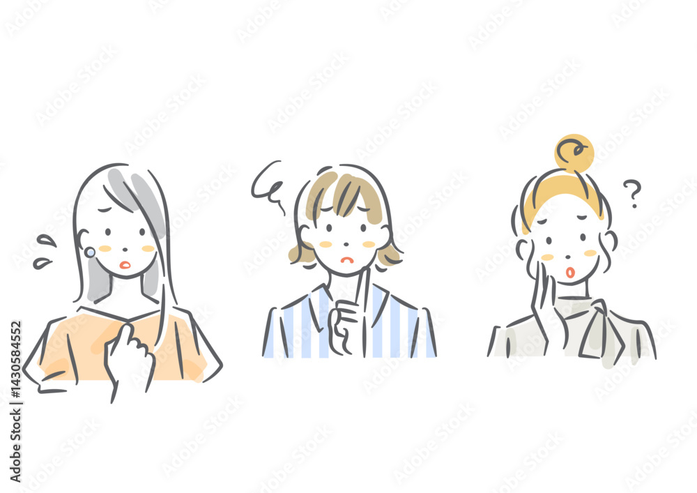 悩み事を抱える女性のアバターセット シンプルでお洒落な水彩風イラスト 悩み事を抱える女性のアバターセット シンプルでお洒落な水彩風イラスト