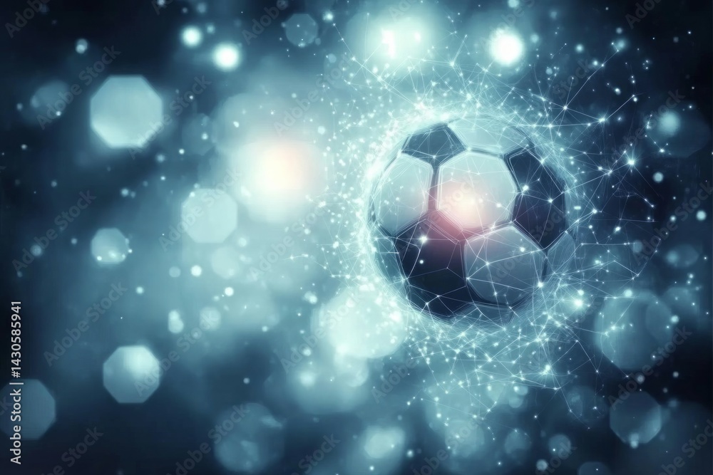 Fototapeta premium Football championship light background. Vector illustration of abstract glowing neon colored soccer ball and hexagon grid pattern over blue background 