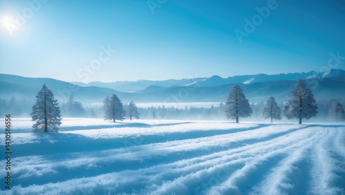 Fototapeta Naklejka Na Ścianę i Meble -  Snow-covered meadow amidst mountain range under clear blue sky on a bright winter day