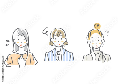 悩み事を抱える女性のアバターセット　シンプルでお洒落な水彩風イラスト