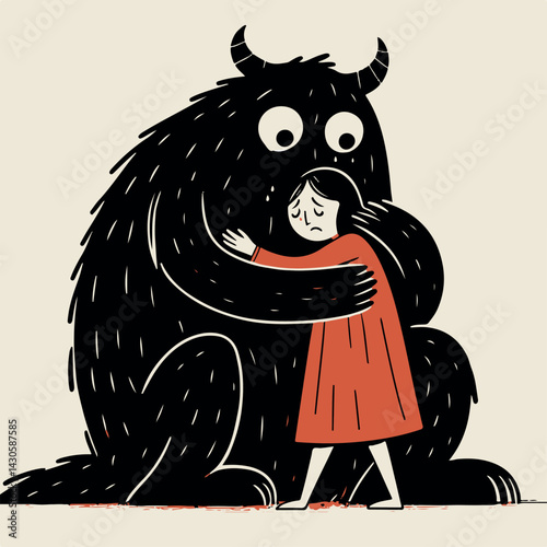 Black flat monster hugs sad sketch girl. Psychology of influence, fear, doubts. Evil thoughts took over the girl. Held captive by evil