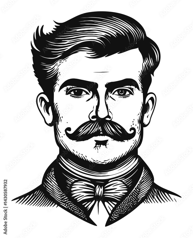 Fototapeta premium Vintage Style Engraving of a Man with Mustache and Bow Tie