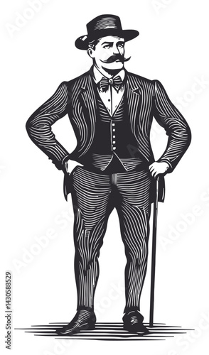 Vintage Engraved Illustration of a Dapper Man with a Cane