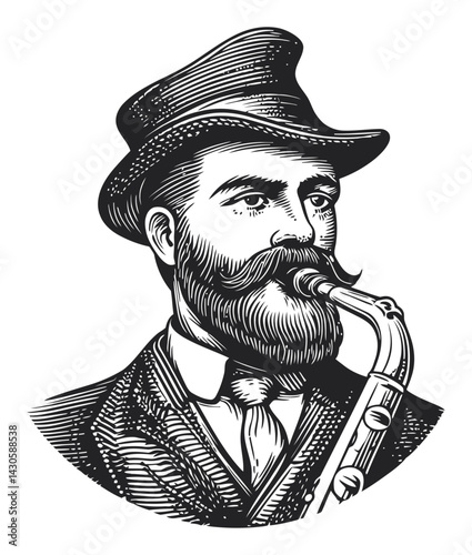 Vintage Engraving of a Bearded Man Playing a Saxophone