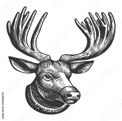 Vintage Engraving of a Deer Head with Majestic Antlers