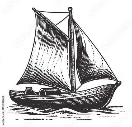 Vintage Engraving of Sailing Boat in Classic Woodcut Style
