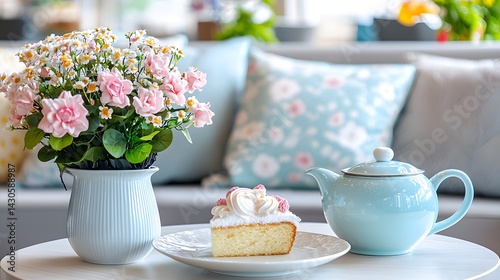 Wallpaper Mural Pastel Pink Flowers Cake Slice Teapot and Soft Decor on Table Torontodigital.ca