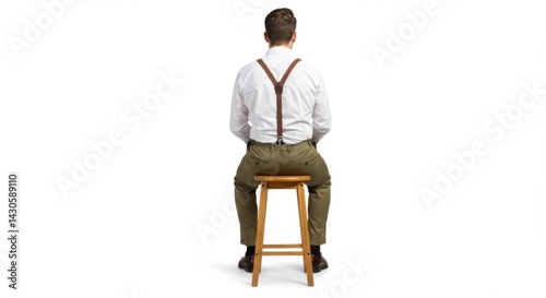 Man sitting on stool from back view on white background
