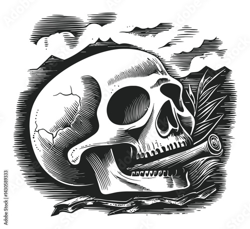Detailed Engraving of a Skull with Pipe and Landscape Elements