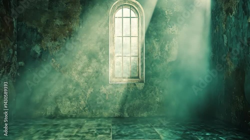 Light shines through window in weathered room, creating a dramatic scene