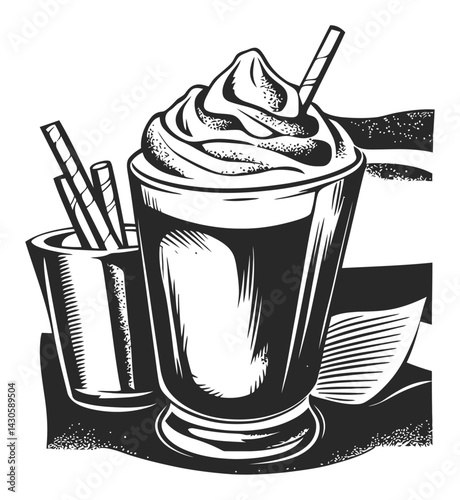 Black and White Engraving of a Creamy Beverage with Straws