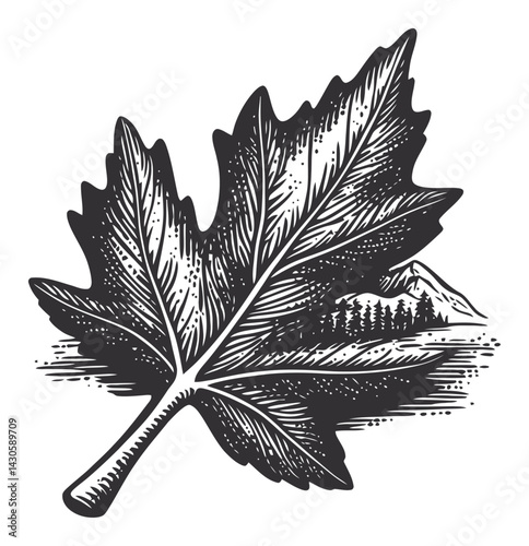 Detailed Engraving of a Leaf with Mountain and Forest Background