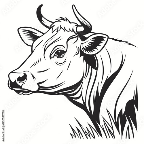 Black and white vector illustration of a cow's head on a plain white background