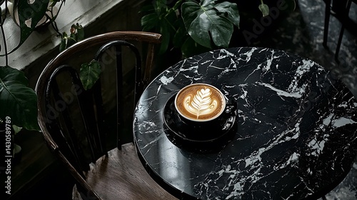 Latte Art Coffee in Black Marble Cafe Setting with Plants