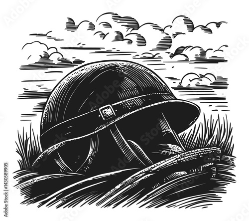Vintage Engraving of Military Helmet in Soldier's Grave Scene