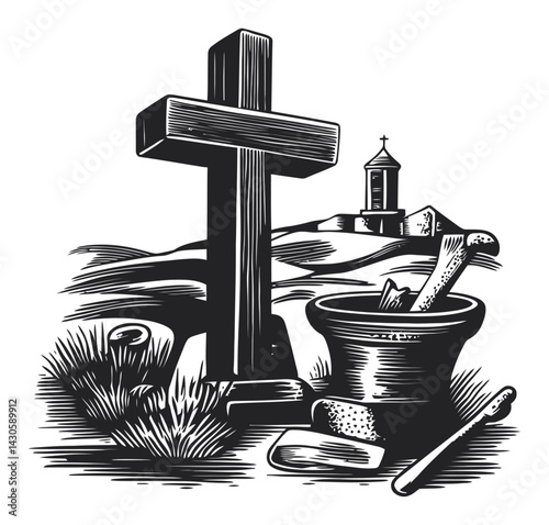 Black and White Engraving of Cross and Mortar in Scenic Landscape