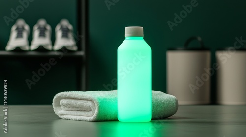 Hydration and vitality Concept. Glowing water bottle beside a towel on a fitness table.