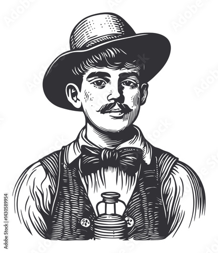 Vintage Engraving of a Young Man in a Bow Tie and Hat
