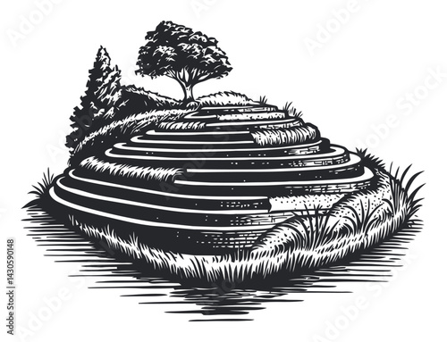 Black and White Engraving of Terraced Landscape with Tree and Grass