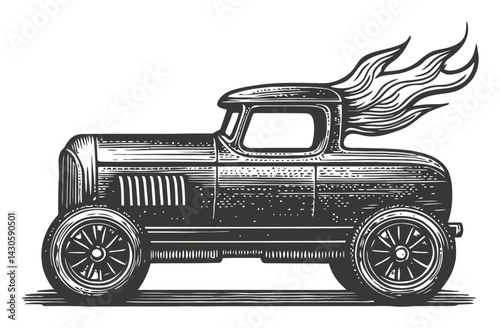 Vintage Car Woodcut Style Engraving with Flames and Detailed Design