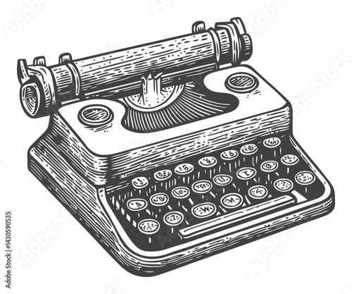 Vintage Typewriter Engraving in Detailed Woodcut Illustration Style