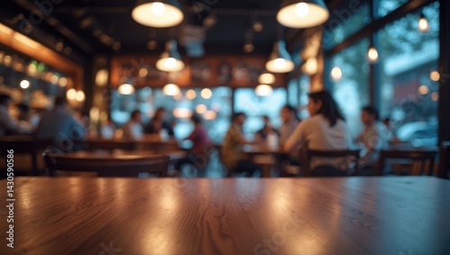 Wallpaper Mural Wooden tabletop in front of blurred figures Torontodigital.ca