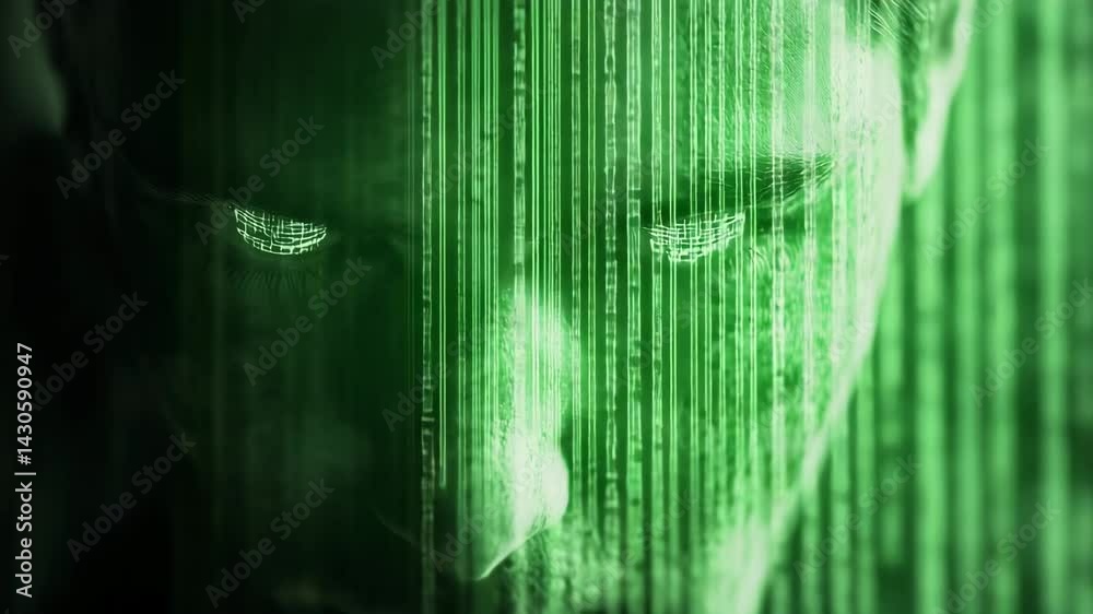 Digital face behind green code stream symbolizing cyber identity and data threat
