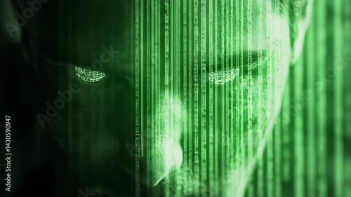 Digital face behind green code stream symbolizing cyber identity and data threat