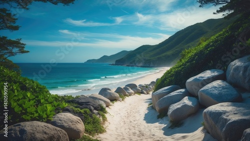 Fototapeta Naklejka Na Ścianę i Meble -  Scenic route surrounded by rocks and vibrant foliage guiding to a white sandy beach with a bright blue sky and ocean backdrop of hills