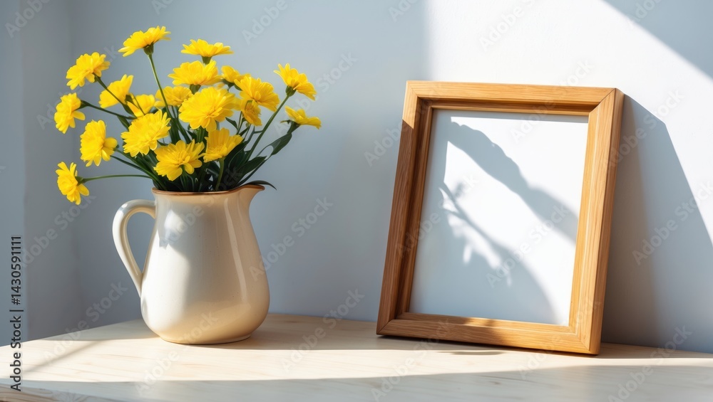 custom made wallpaper toronto digitalPhoto of a wooden frame featuring a yellow flower in a vase on a table.