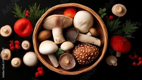 Close-up of a basket filled with freshly foraged mushrooms and greenery against a dark background