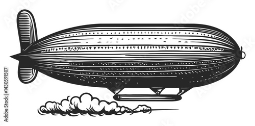 Vintage Engraving of a Zeppelin Airship with Clouds Below
