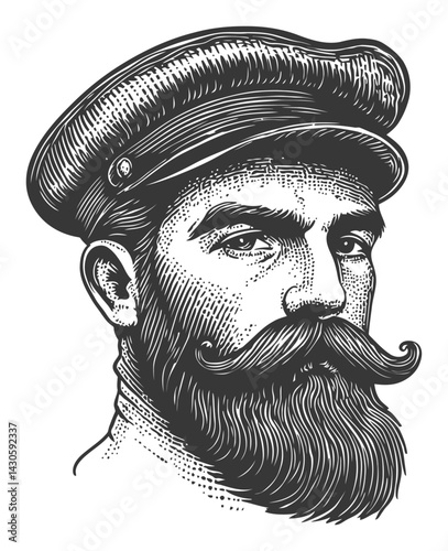 Vintage Engraved Portrait of Bearded Man with Hat in Classic Style