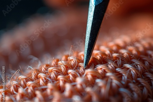 Close-up of needle in orange yarn fabric knitting texture