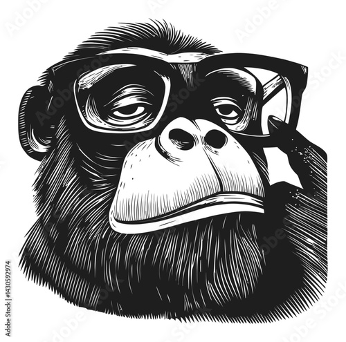 Retro Engraving of a Cool Monkey Wearing Glasses in Black and White