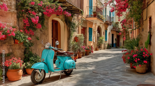 Fototapeta Naklejka Na Ścianę i Meble -  Vintage   scooter parked on colorful sunlit street in a small Italian town, flowers in windows, romantic summer feel