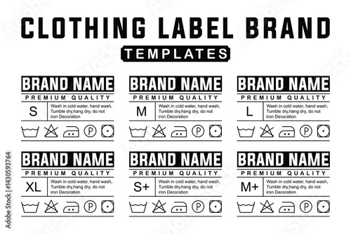 Editable Clothing Brand Neck Label Templates. Size Tags  with Fabric Composition, Wash Symbols, and Care Instructions. Vector Design for Fashion Branding