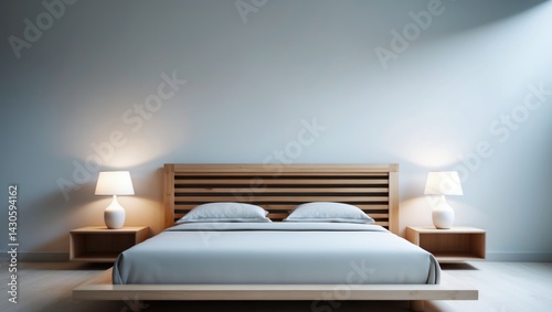 Bed made of wood with nightstands and lamps set against a background. photo