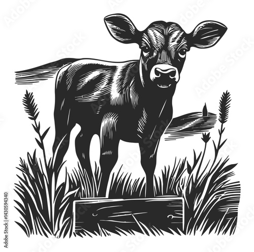 Detailed Engraving of a Calf in a Natural Landscape Setting