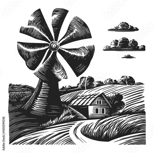 Rustic Windmill and Countryside Scene in Traditional Engraving Style