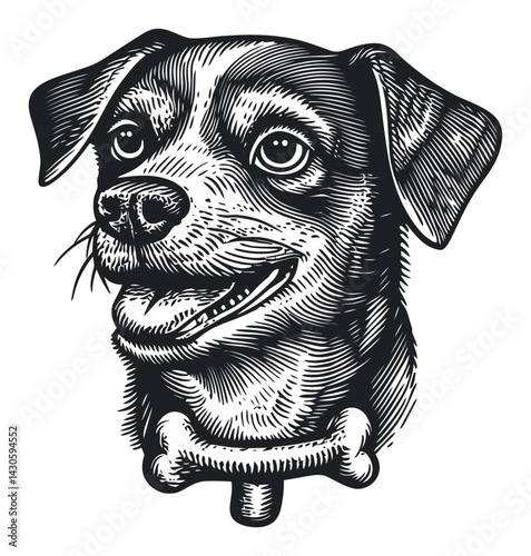 Detailed Vintage Dog Illustration in Engraving Style with Bone