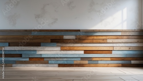 Room interior showcasing wooden colored boards against a backdrop of clean wall decor.